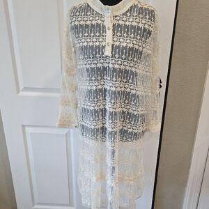 POL Ivory Sheer Lace Button-Up Dress —‎ Boho Festival Beach Cover Up
